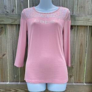 Y2K Bebe pink 3/4 sleeve spell out rhinestone ribbed lace blouse
